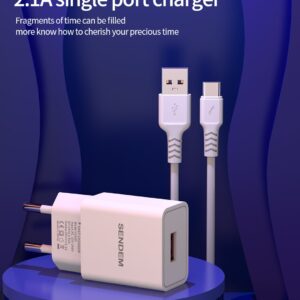 SENDEM OG30- EU plug 2.1A one USB wall charger with USB-A to Micro cable